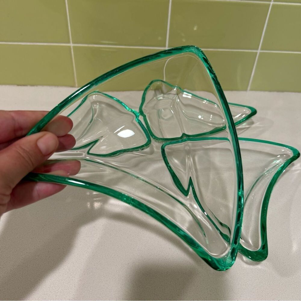 Vintage Green Flashed Edge Boomerang Glass Dishes — Set of 4 - Picture 2 of 9
